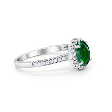 Halo Oval Engagement Ring Simulated Green Emerald CZ 925 Sterling Silver